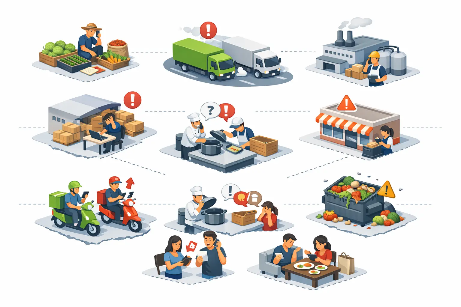 Illustration showing food system failures: farmer with unsold surplus, store with empty shelves, restaurant struggling with supply, food waste bins, stressed consumers — all with warning indicators