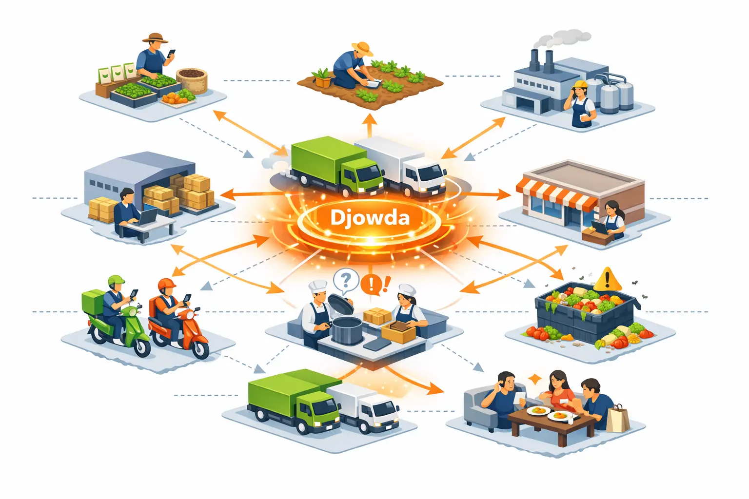 Illustration of interconnected food ecosystem with Djowda as central glowing hub connecting all actors — seed providers, farmers, factories, wholesalers, stores, restaurants, delivery, and consumers — with flowing orange arrows